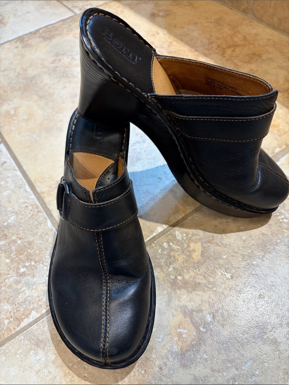 Born Black Leather Slip-On Clog Mules